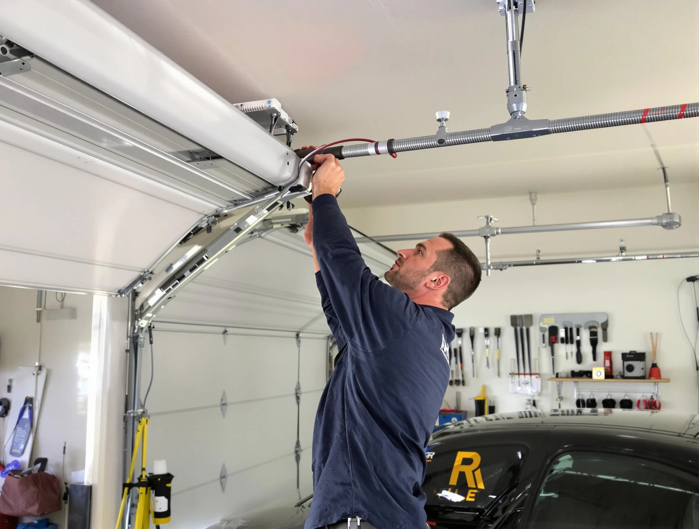 Moore Garage Door Repair technician performing garage door cable repair in Moore