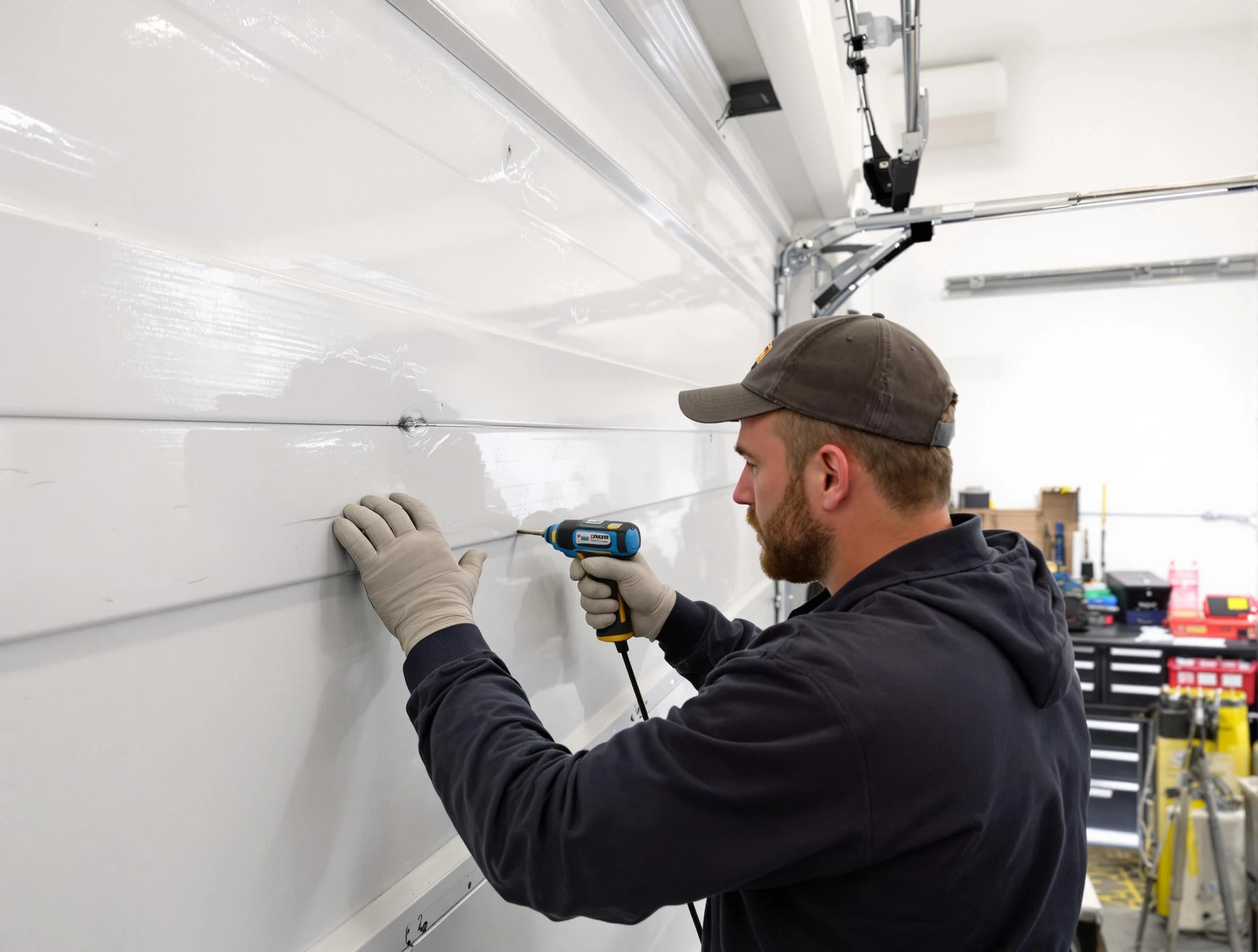 Moore Garage Door Repair technician demonstrating precision dent removal techniques on a Moore garage door
