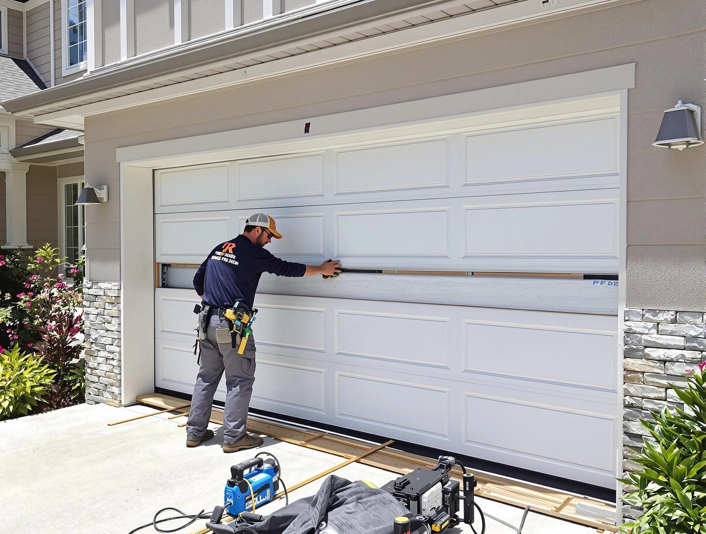 Moore Garage Door Repair team performing complete garage door replacement at Moore residence