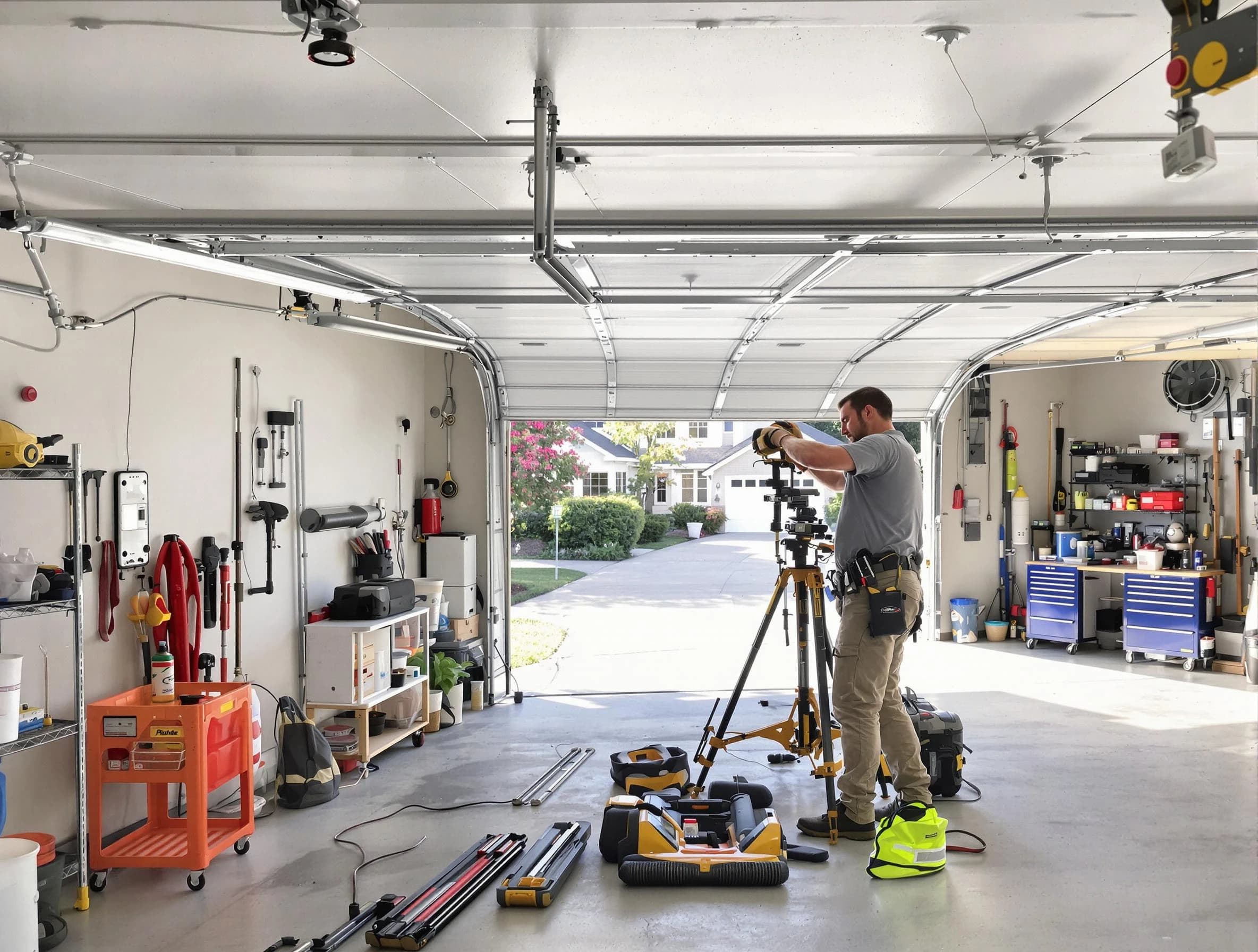 Moore Garage Door Repair specialist performing laser-guided track alignment in Moore