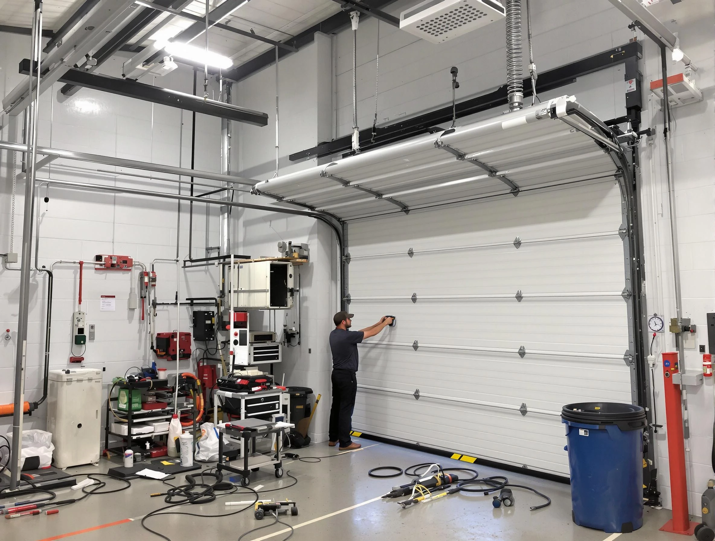 Moore Garage Door Repair certified technician performing commercial door repair at a Moore business facility