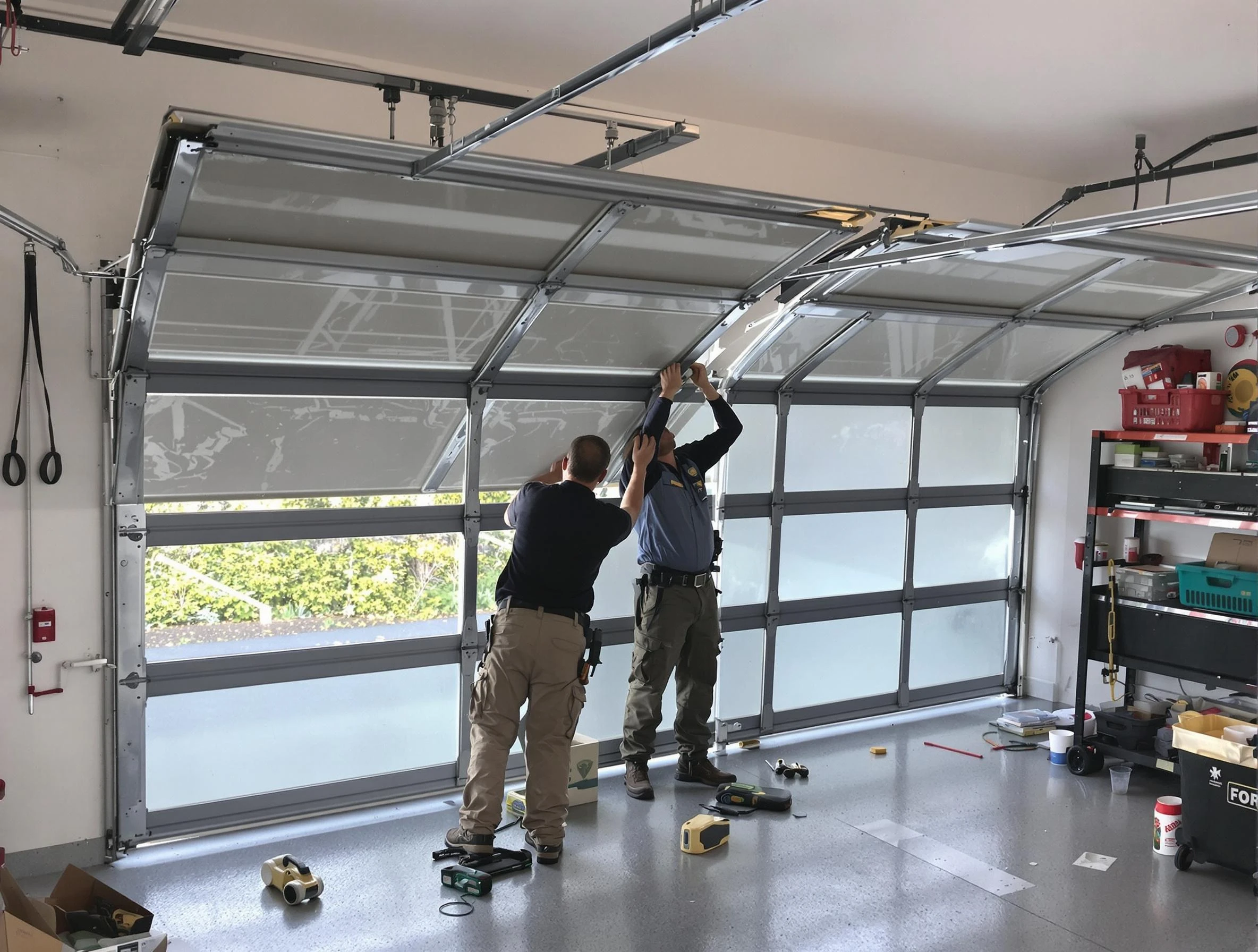 Moore Garage Door Repair expert performing precise panel replacement on Moore garage door